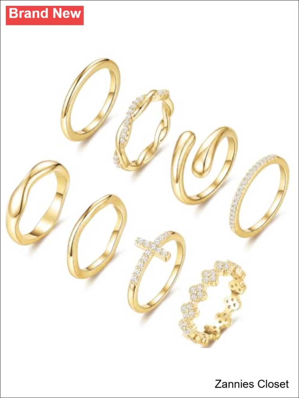 💍 14k Gold Plated Stackable Rings Set 8pc CZ Simulated Diamond